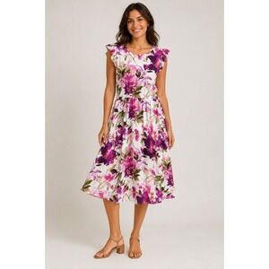 Lascana Floral Ruffle Sleeve Midi Dress White Purple Pink Size 10 US Womens